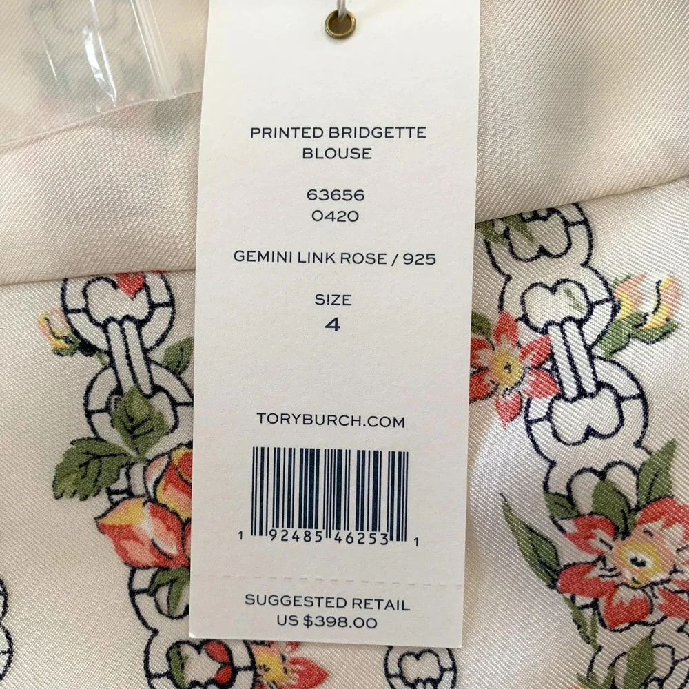 NWT Tory Burch Bridgette Silk Blouse Shirt Gemini Link Rose sz 4 $398 Floral Geo